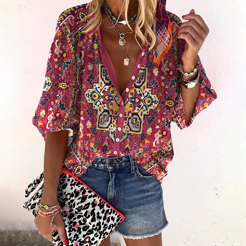 Bohemian blouse pink with geometric print and ruffled sleeves
