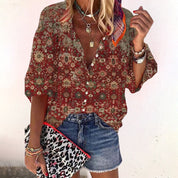 Ethnic blouse red with intricate print and button front