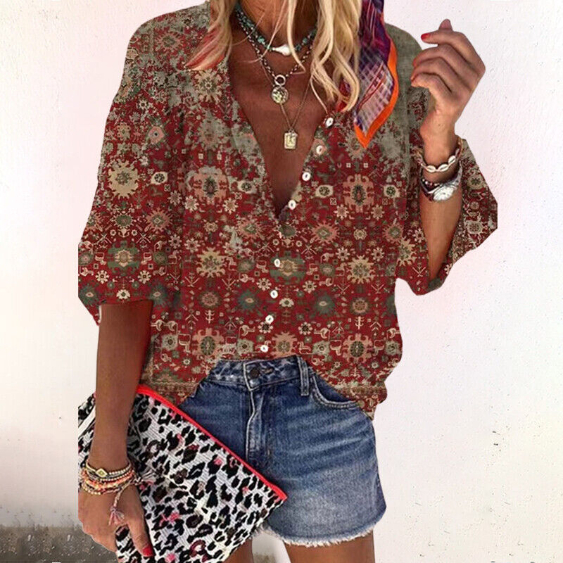 Ethnic blouse red with intricate print and button front
