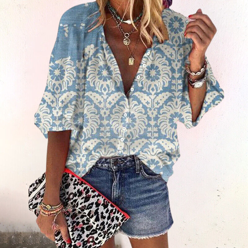 Damask blouse light blue with floral pattern and bell sleeves