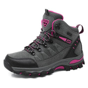 Gray outdoor boots with pink accents side view