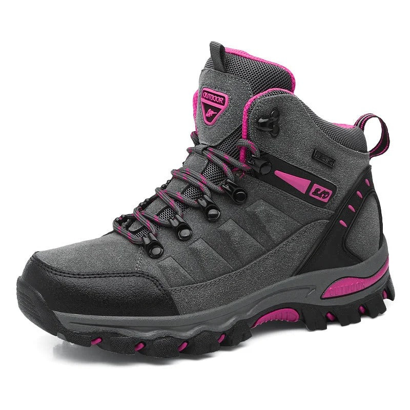 Gray outdoor boots with pink accents side view