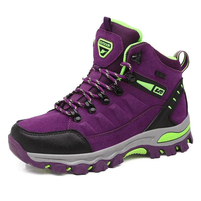 Purple outdoor boots with green accents front view